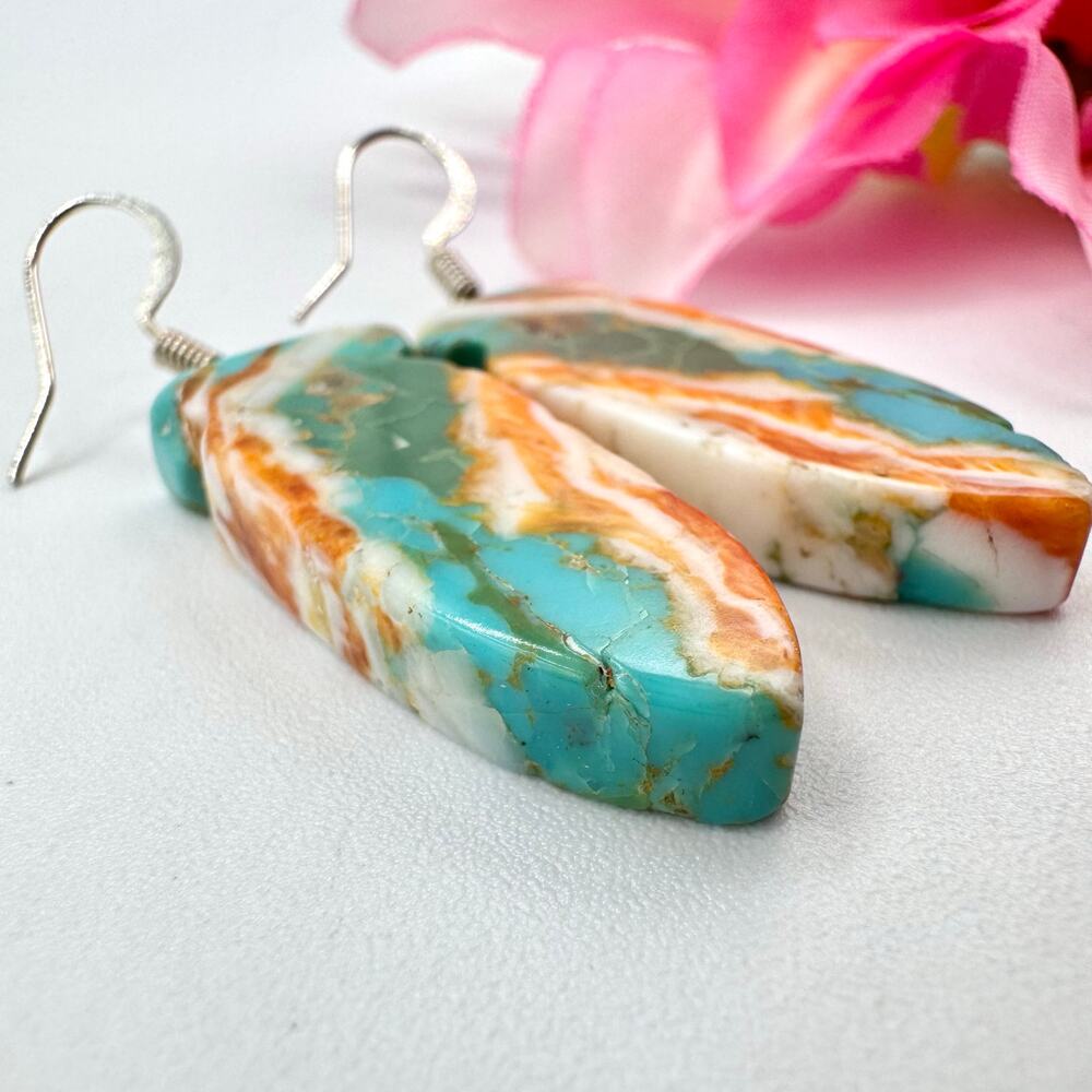 Turquoise Spiny Oyster Shell Carved Arrowhead Composite Slab Earrings Southwest - Picture 8 of 12